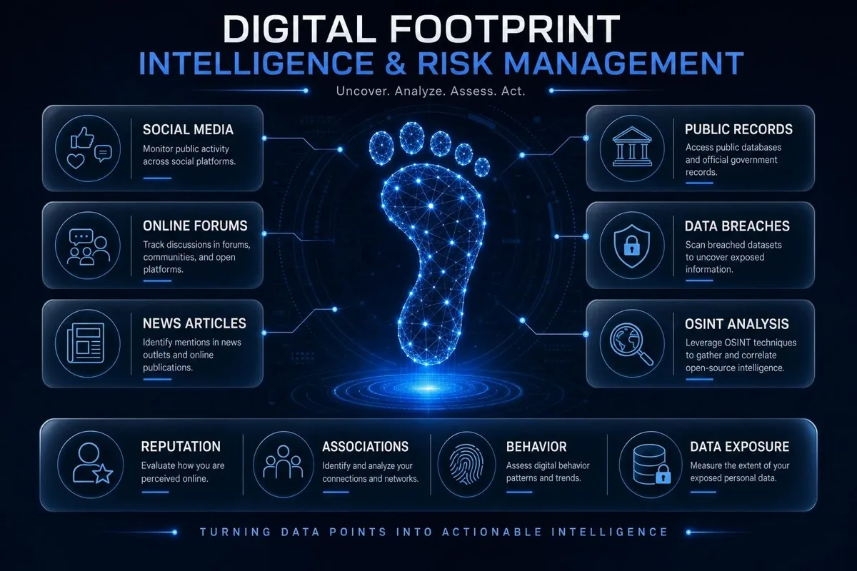 Illustration of a person's digital footprint across online platforms